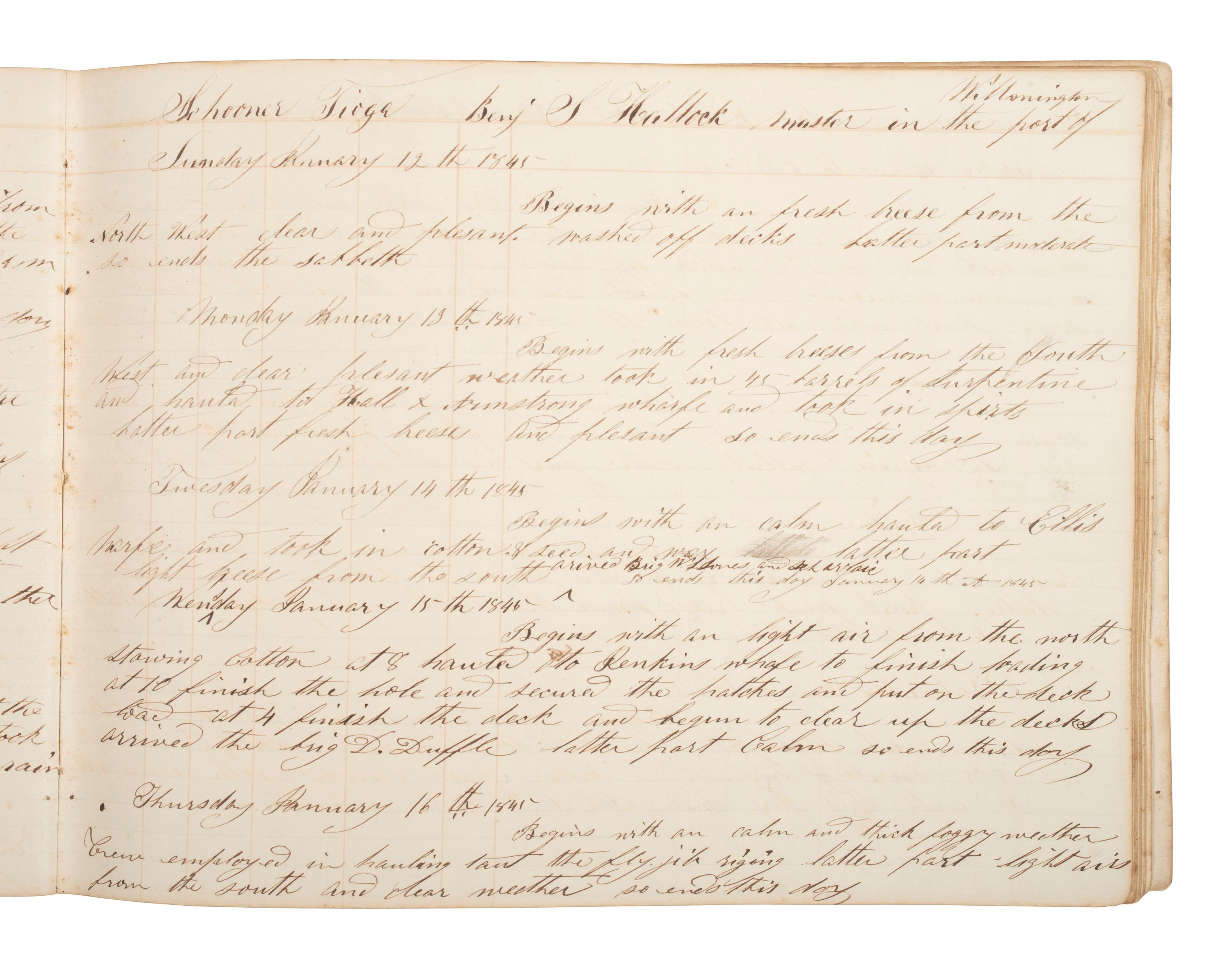 [MARITIME]. Log book of the schooner Tioga , documenting multiple voyages, 1844-45.