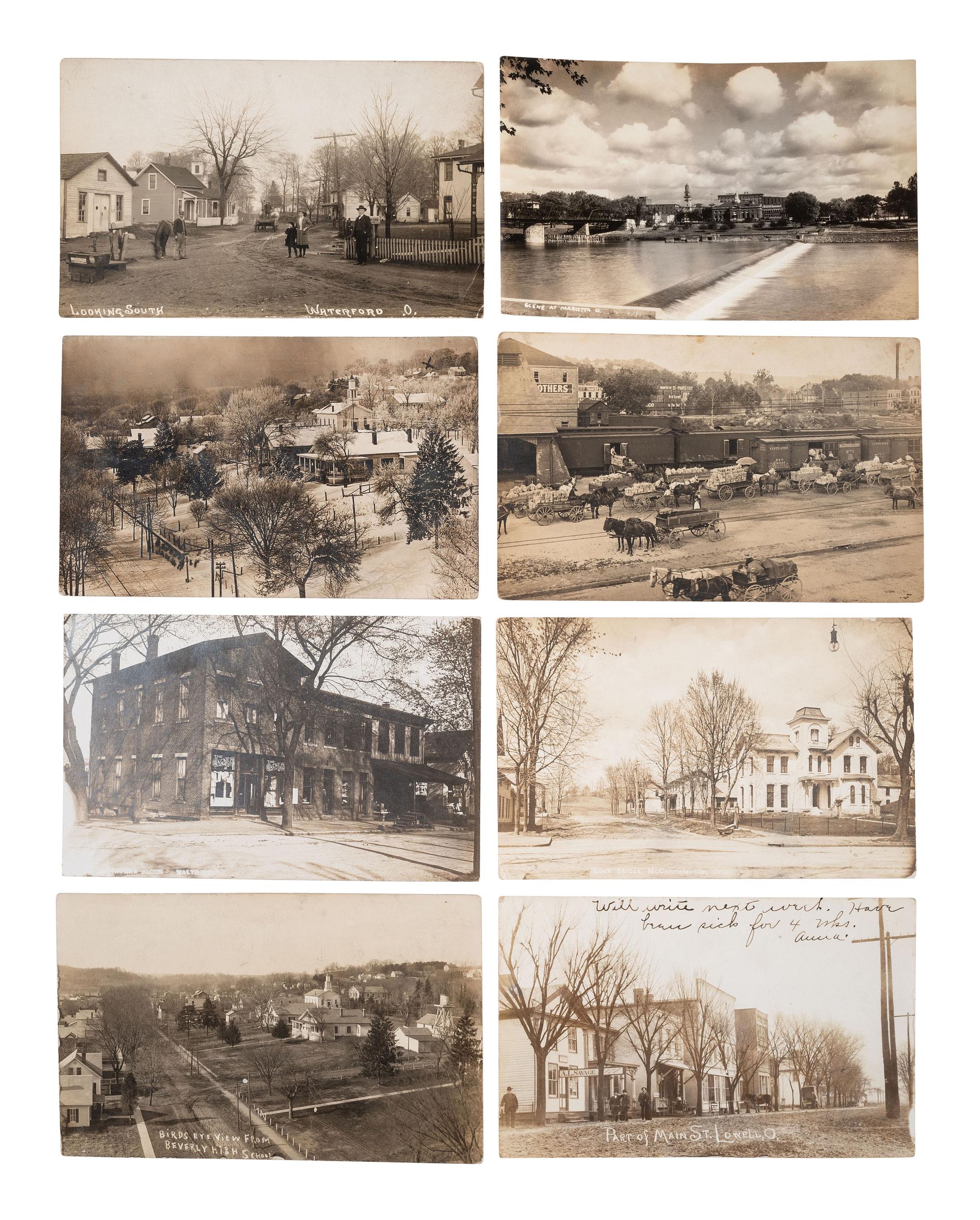 [EPHEMERA]. 42 RPPCs and 27 printed postcards of Ohio towns incl. railroads and bridges.