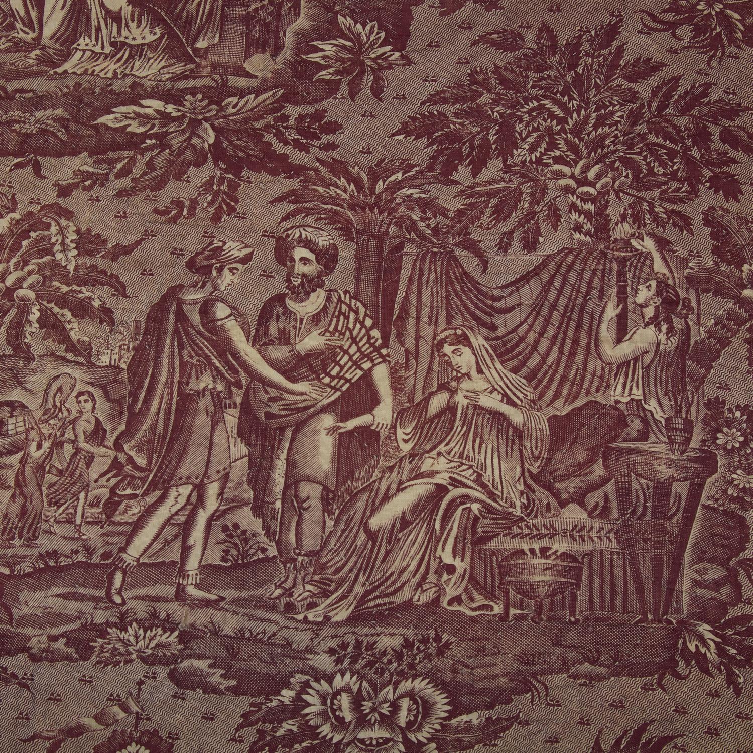 A Quilted Toile Printed Cotton Coverlet in Mulberry