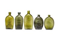 Five Molded Glass Olive Green Flasks