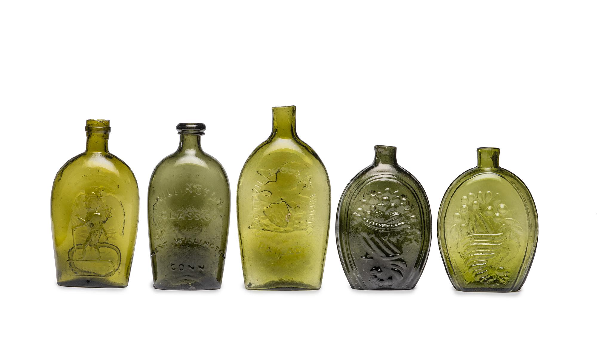 Five Molded Glass Olive Green Flasks