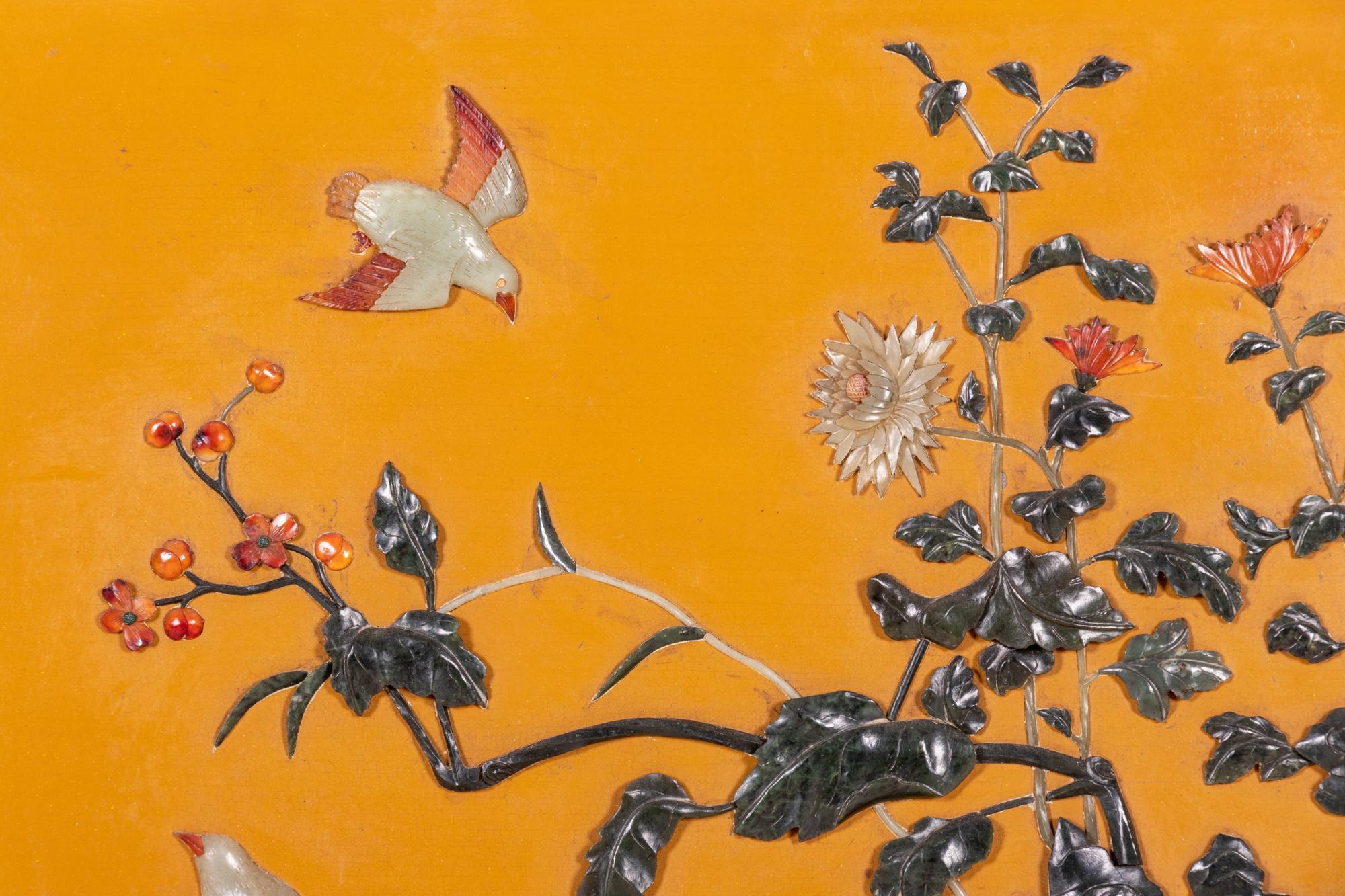 A Chinese Hardstone Embellished Yellow Lacquered Hanging Wall Panel