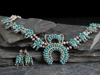 Zuni Silver and Turquoise Cluster Squash Blossom Necklace and Earrings
