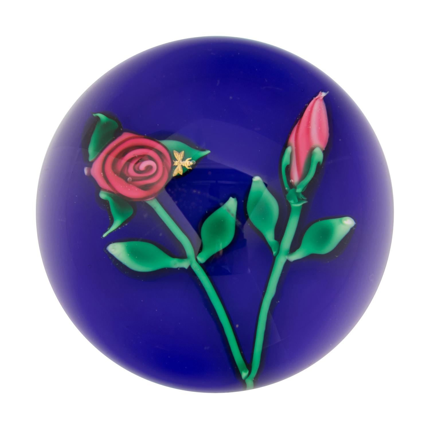 A Charles Kaziun Jr. Red Rope Rose and Bud on Blue Ground Glass Paperweight