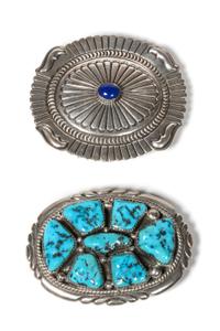 Zuni Silver and Turquoise Belt Buckle, Robert and Bernice Leekya Height 2 x width 2 3/4 inches