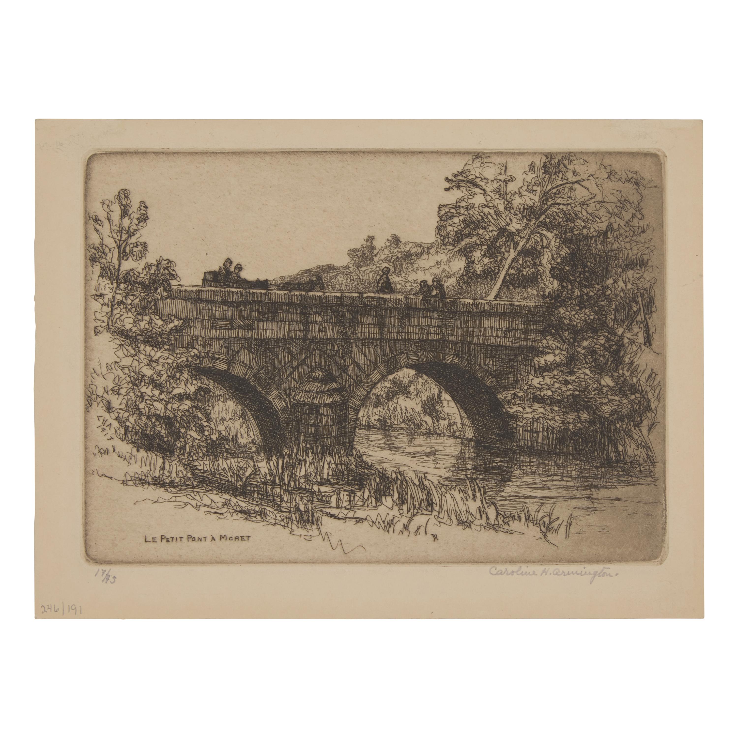 Caroline Helena Armington (American, 1875–1939) — Le Petit Pont a Moret , 1917; Together with Quoi Vert, Bruges , 1908 ; and Ferme a Caudebec-en-Caux , 1921 (Three Works)