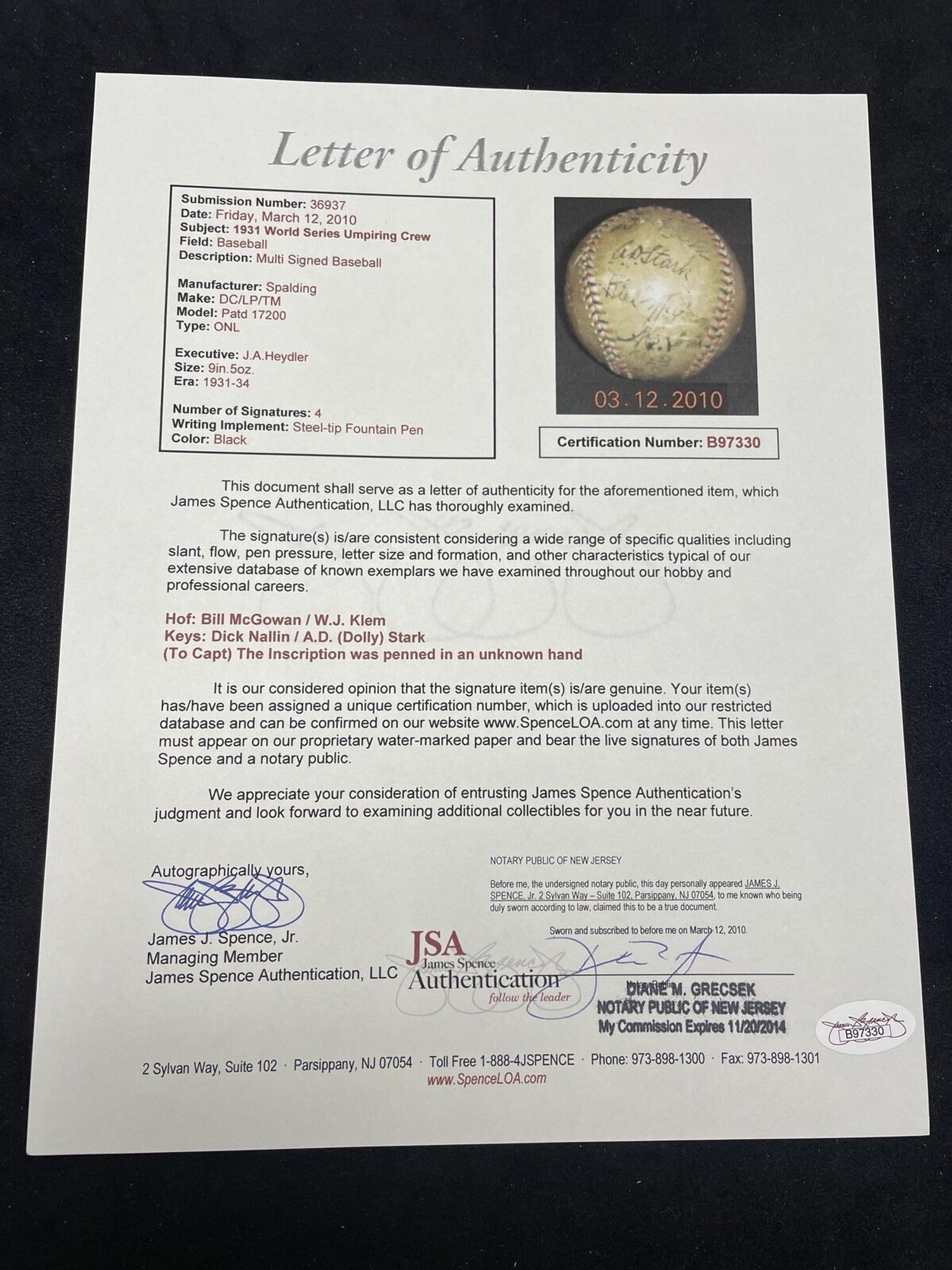 A 1931 World Series Umpiring Crew Signed Autograph Baseball Featuring Bill Klem and Bill McGowan (JSA Letter of Authenticity),