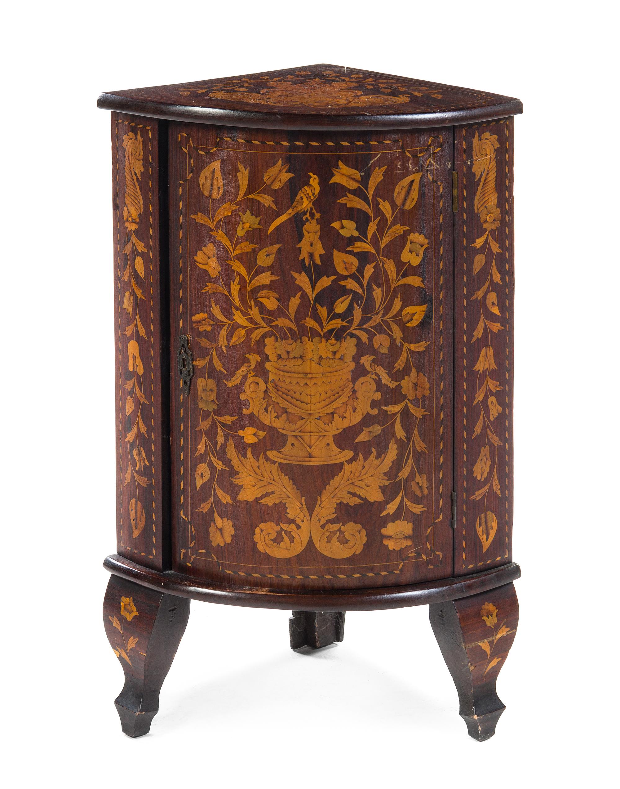 A Dutch Marquetry Corner Cabinet Height 32 1/4 x width 21 1/2 x depth 15 1/2 inches. — 18TH/19TH CENTURY