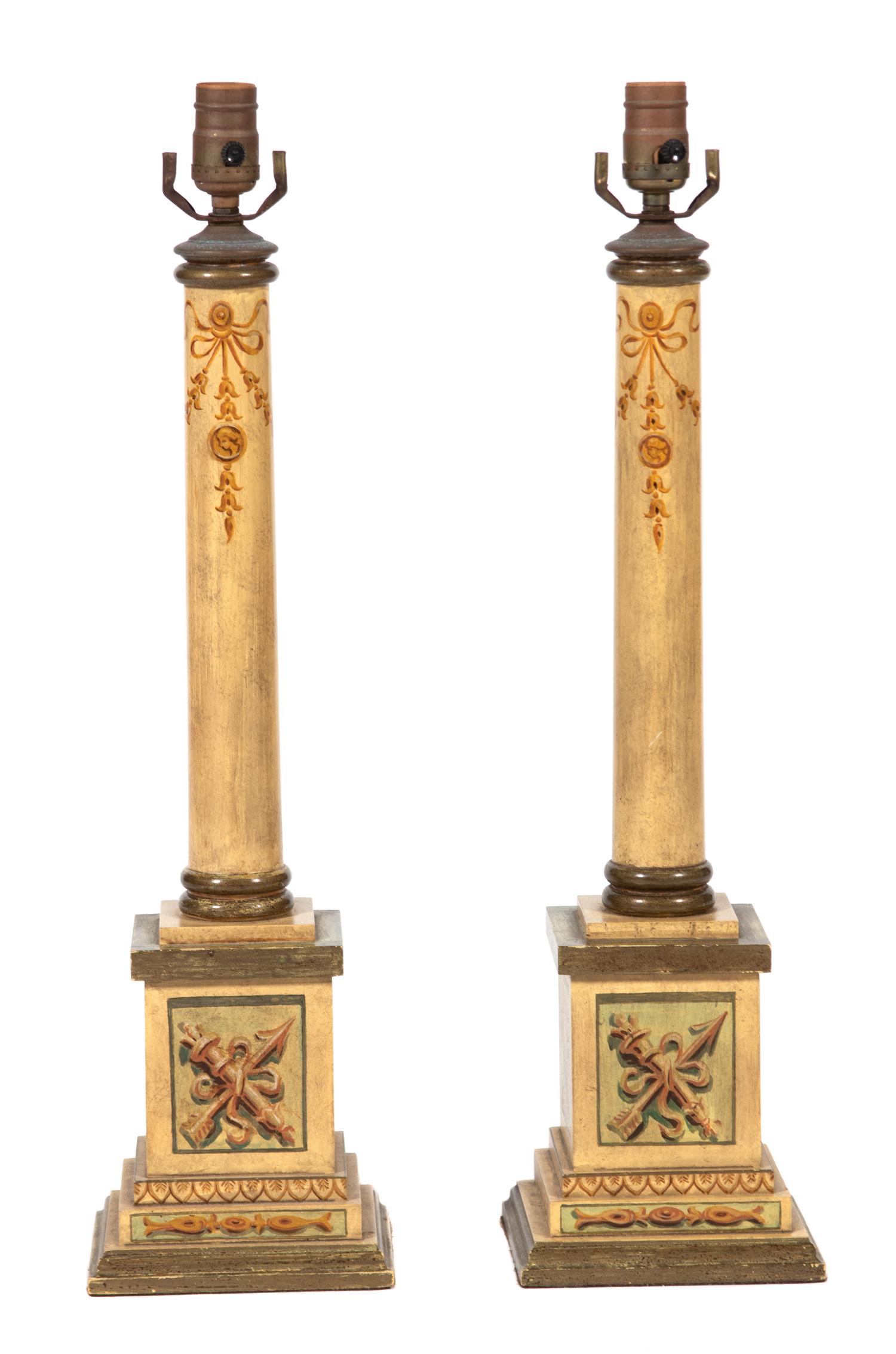 A Pair of Regency Style Painted Columnar Table Lamps — 20TH CENTURY