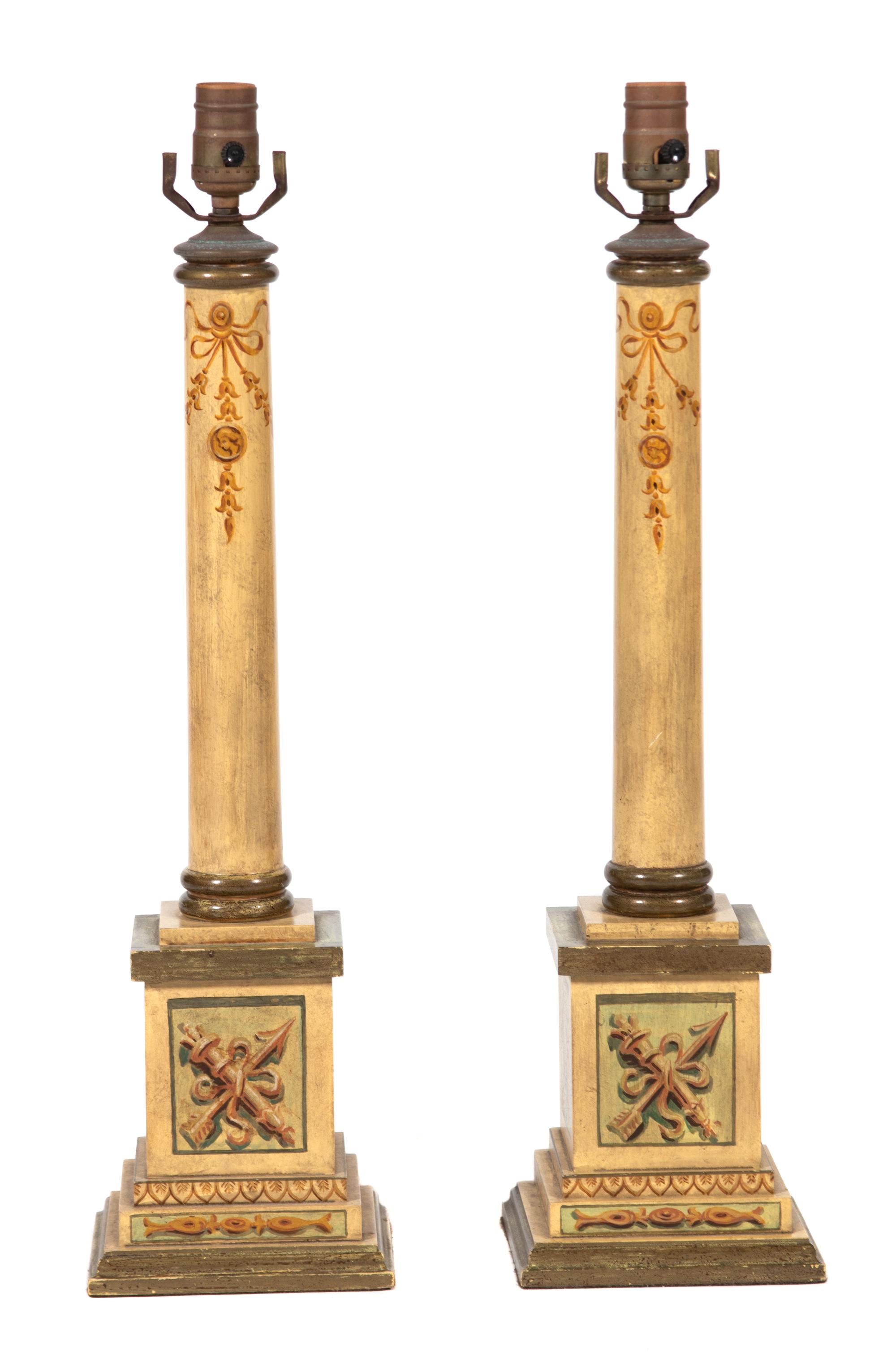 A Pair of Regency Style Painted Columnar Table Lamps — 20TH CENTURY