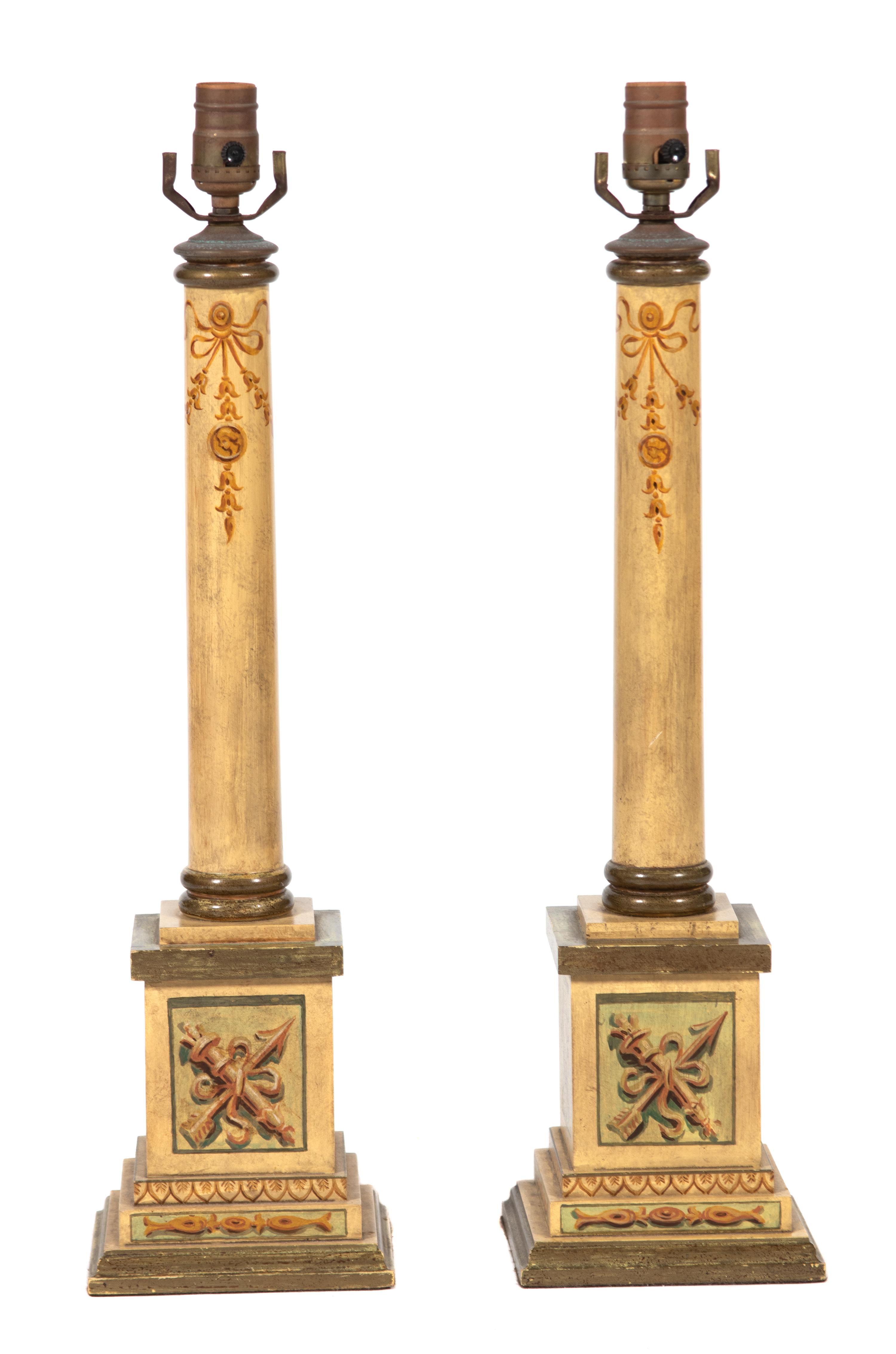 A Pair of Regency Style Painted Columnar Table Lamps — 20TH CENTURY