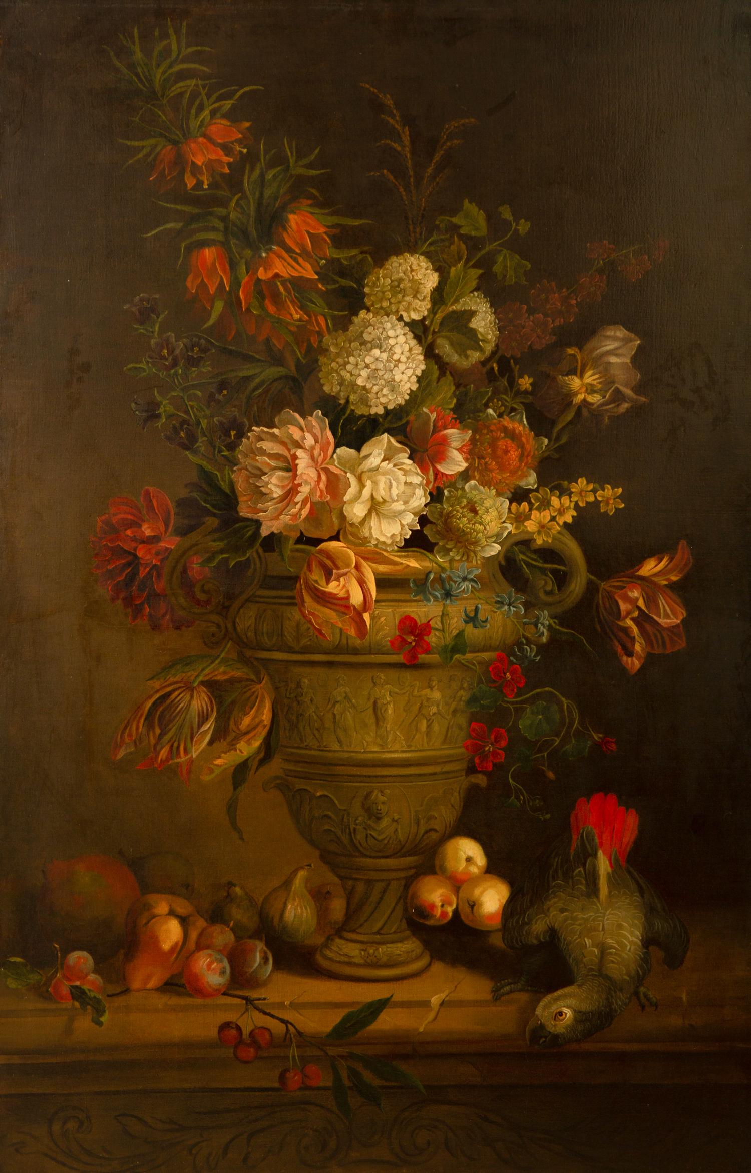 Still Life with Flowers and Fruit on a Ledge