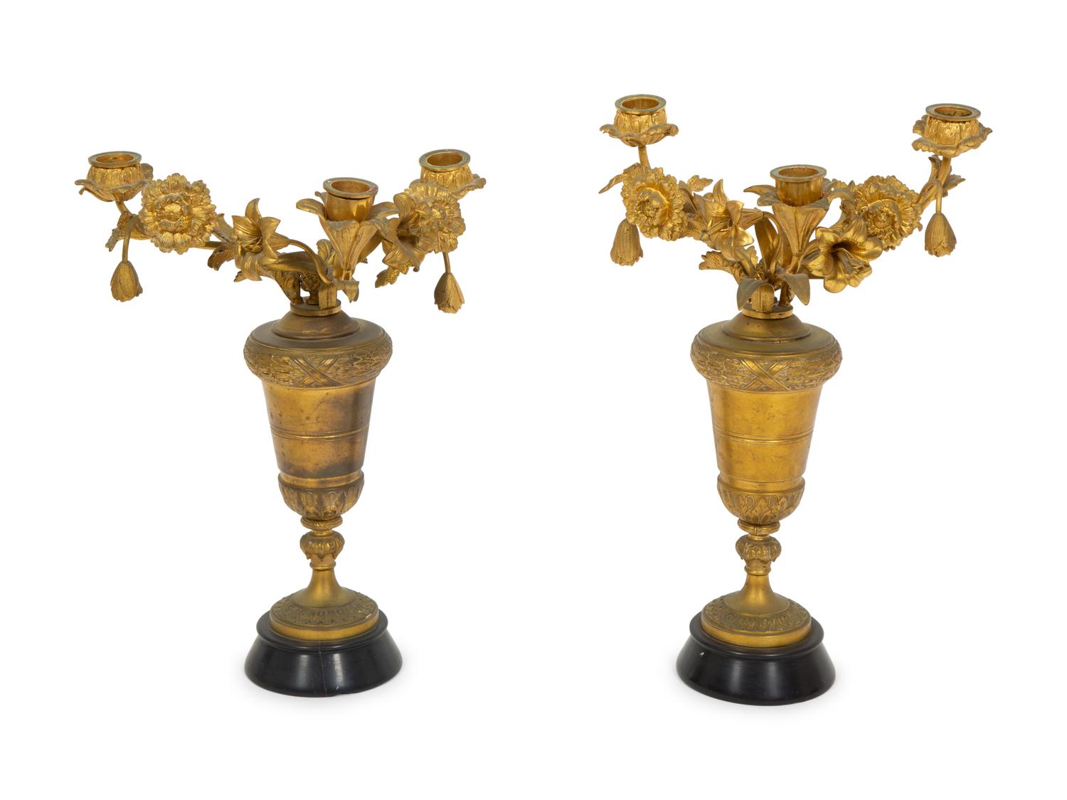 A Near Pair of French Gilt Bronze Floral Three-Light Candelabra
