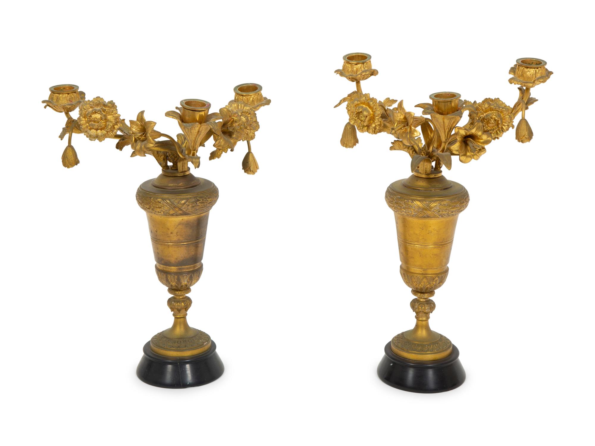 A Near Pair of French Gilt Bronze Floral Three-Light Candelabra