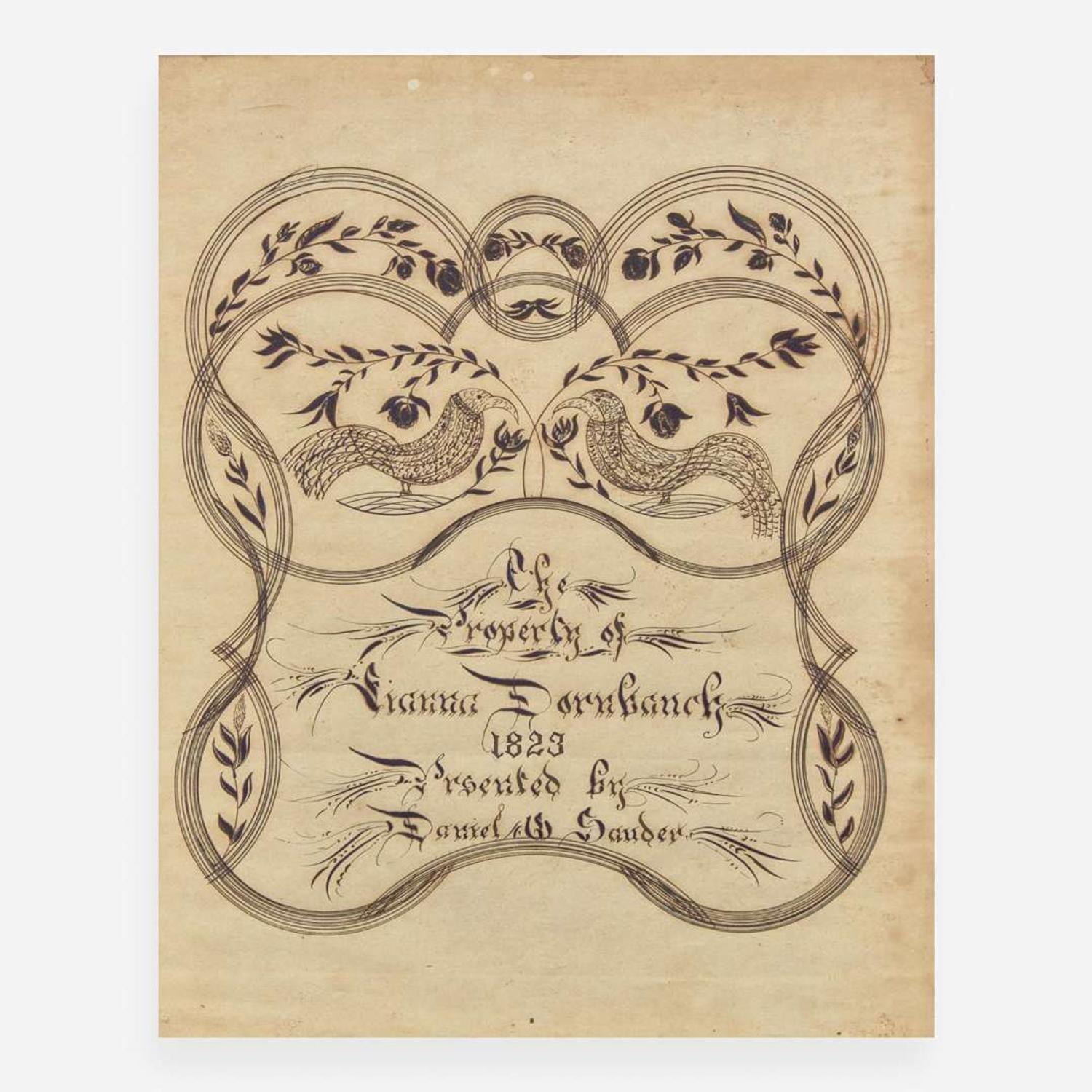 A Fraktur reward of merit for Hanna Dornbanck "Presented by Daniel Sauder," dated "1823"
