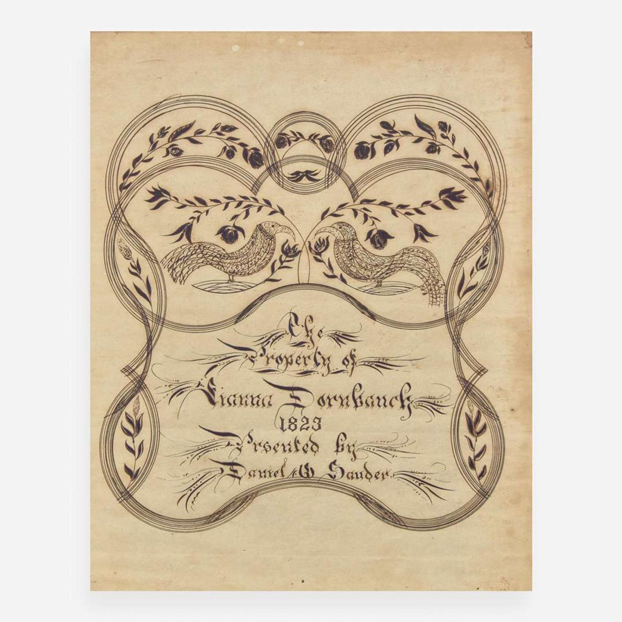 A Fraktur reward of merit for Hanna Dornbanck "Presented by Daniel Sauder," dated "1823"