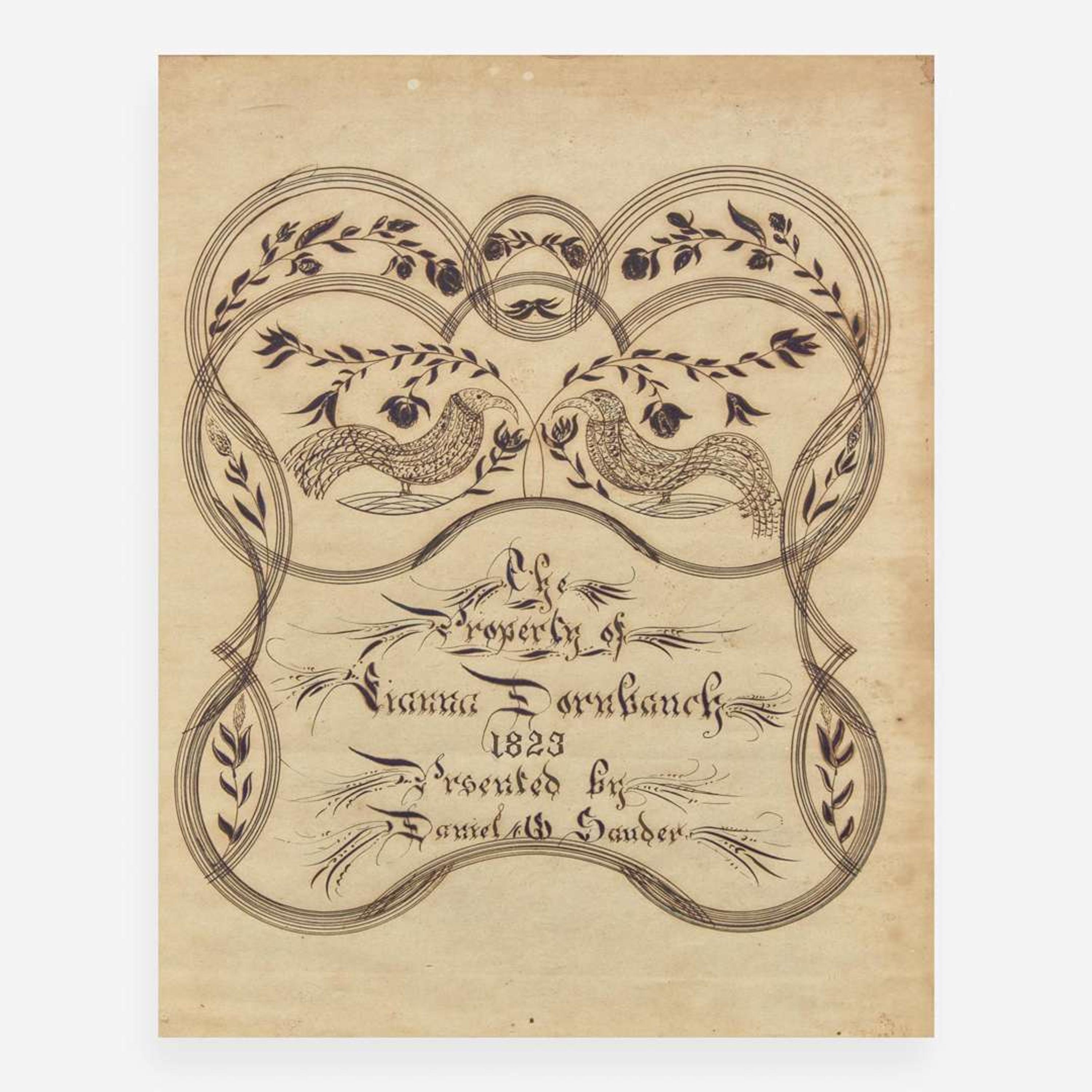 A Fraktur reward of merit for Hanna Dornbanck "Presented by Daniel Sauder," dated "1823"