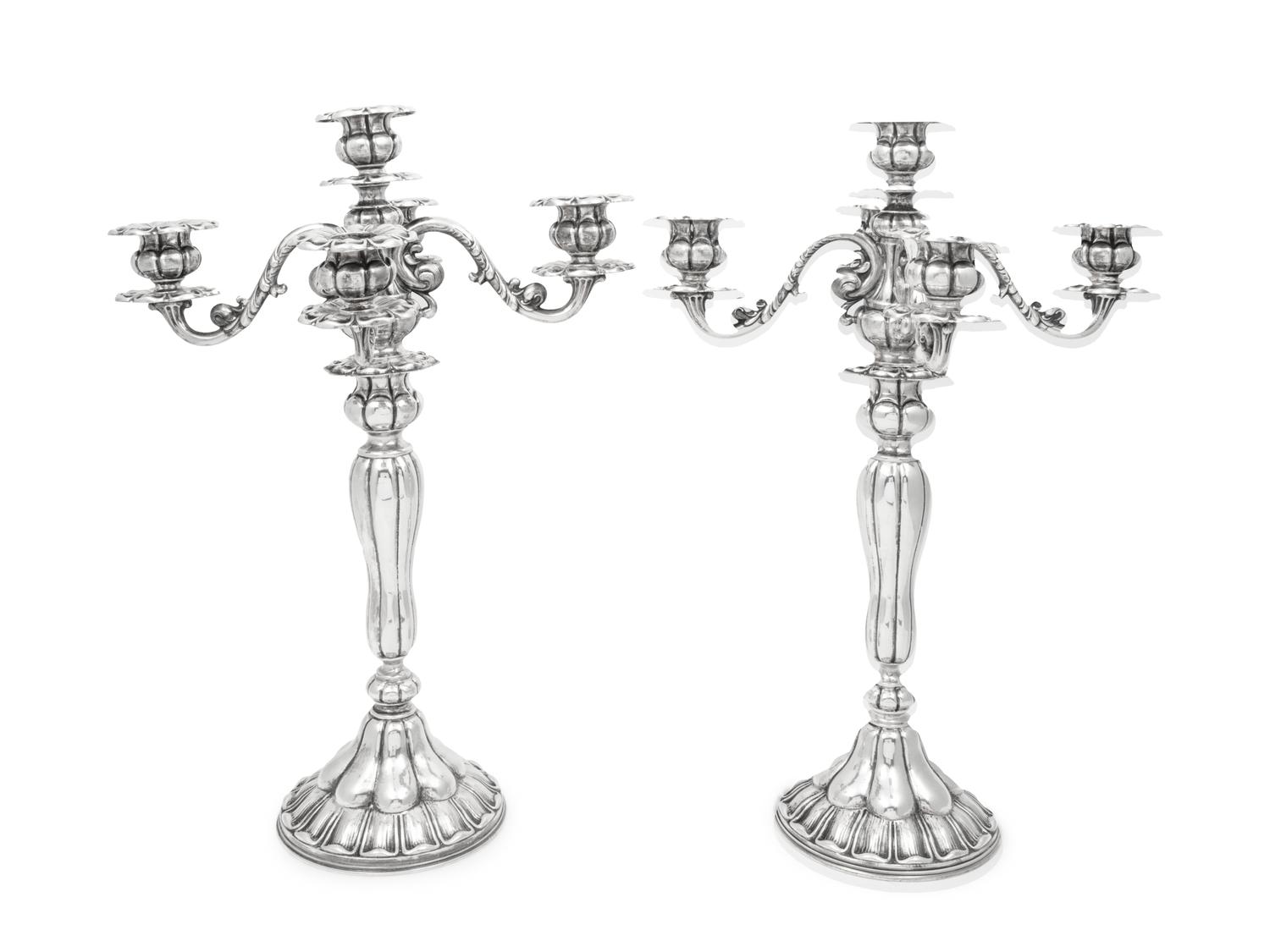 A Pair of Continental Silver Five-Light Candelabra