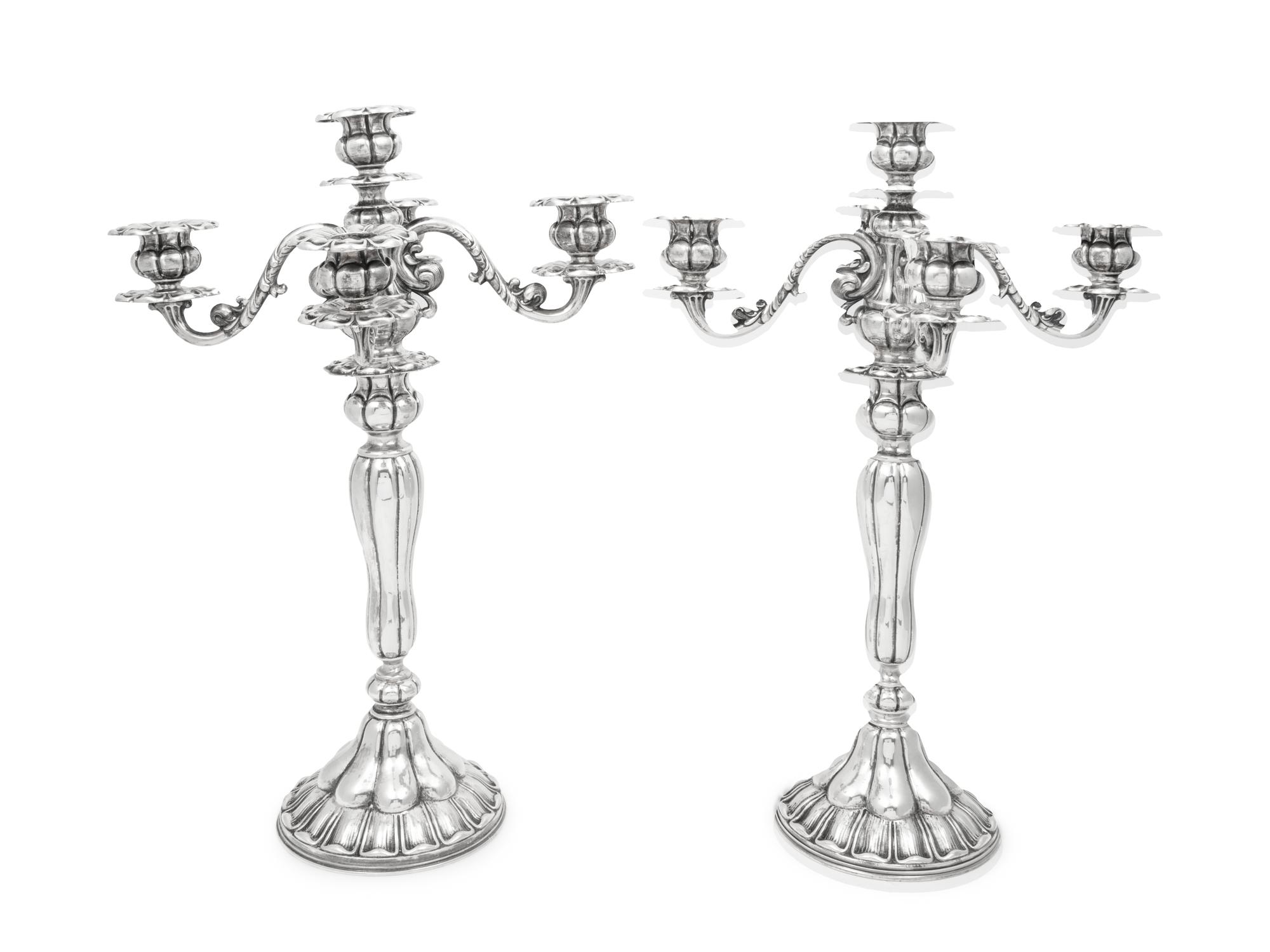 A Pair of Continental Silver Five-Light Candelabra