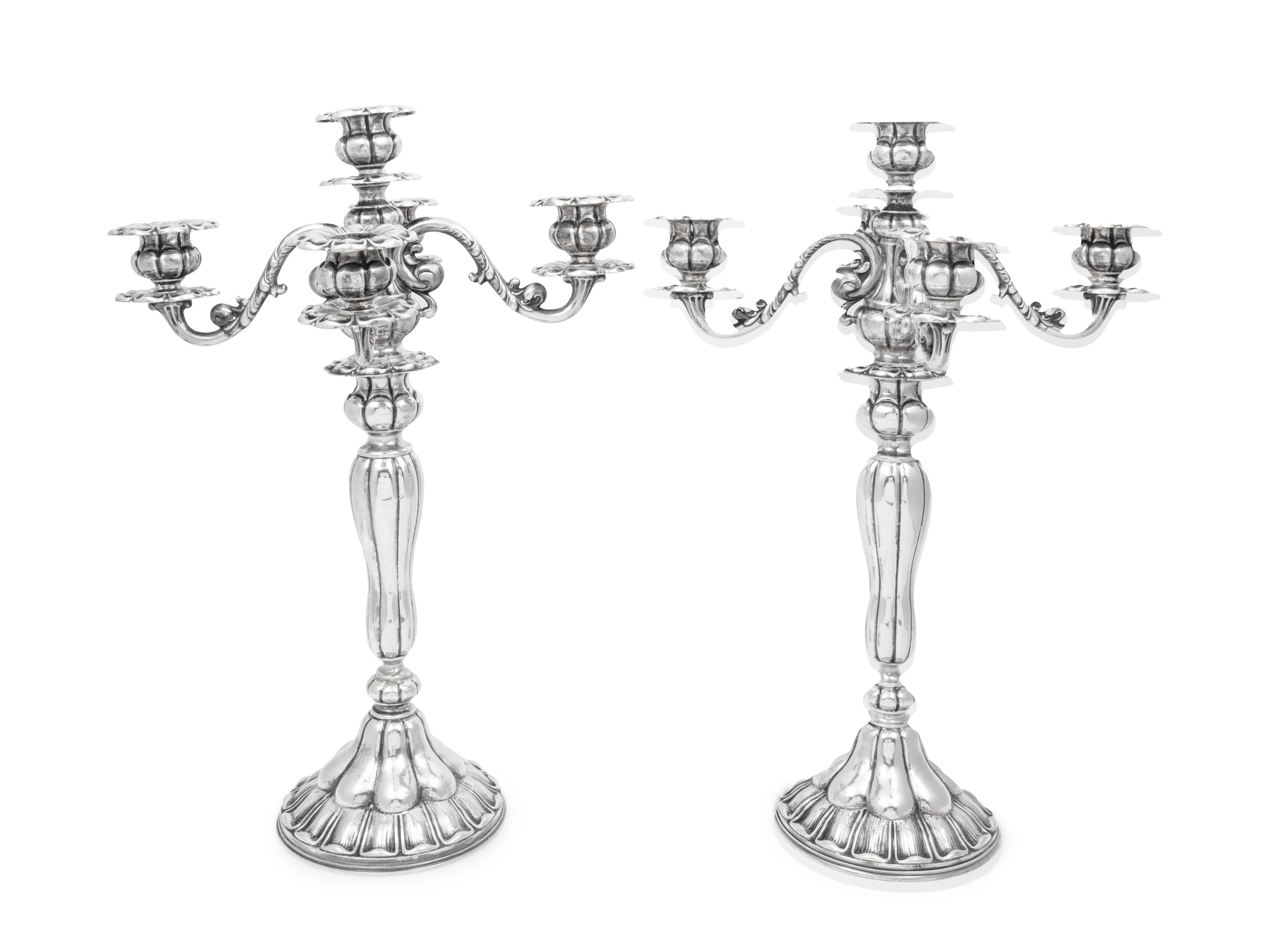 A Pair of Continental Silver Five-Light Candelabra