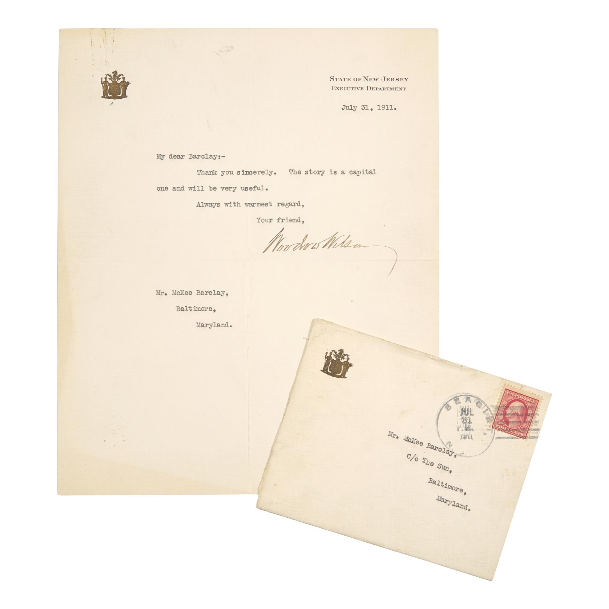 [Presidential] Wilson, Woodrow. Typed letter, signed