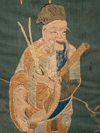 Two Chinese Blue Ground Embroidered Silk Panels