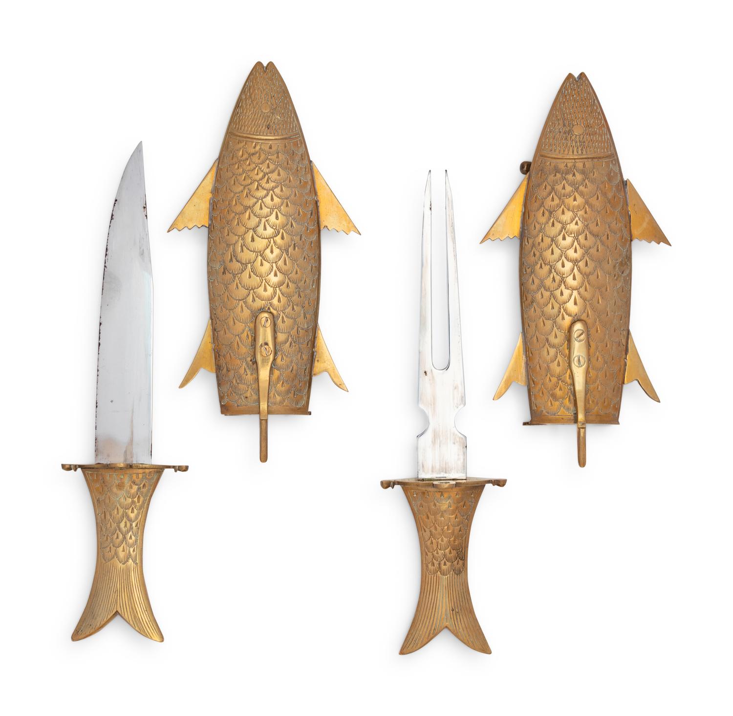 A Two-Piece Carving Set in Brass Fish-Form Sheaths
