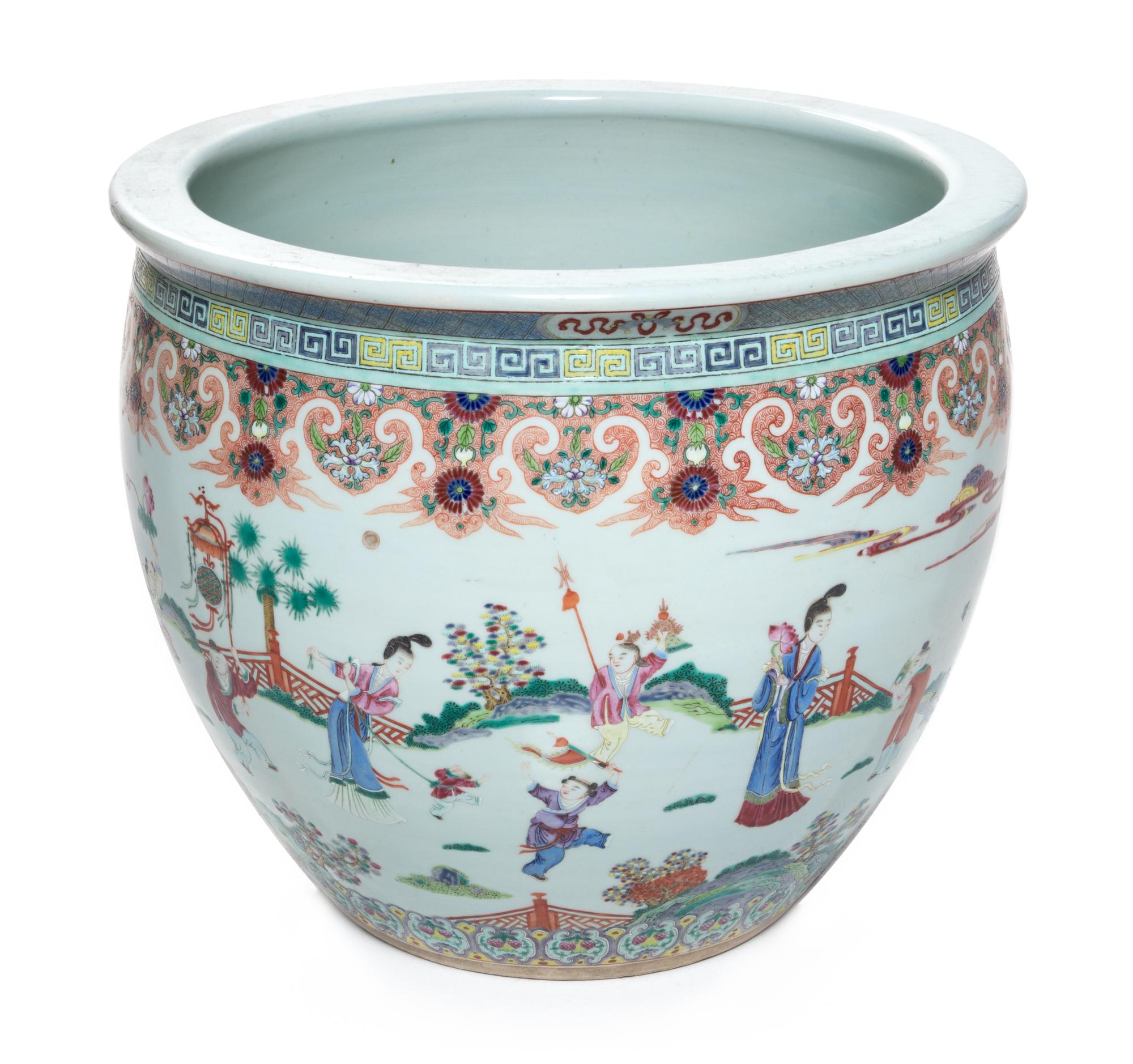 A Large Chinese Famille Rose Porcelain Fish Bowl Height 16 inches. — 20TH CENTURY