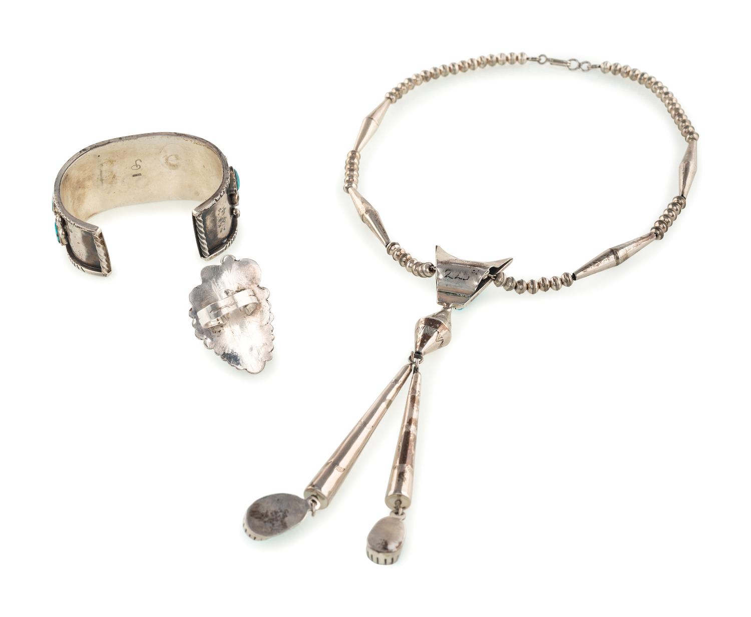 Navajo Silver and Turquoise, Necklace, Cuff Bracelet, AND Ring