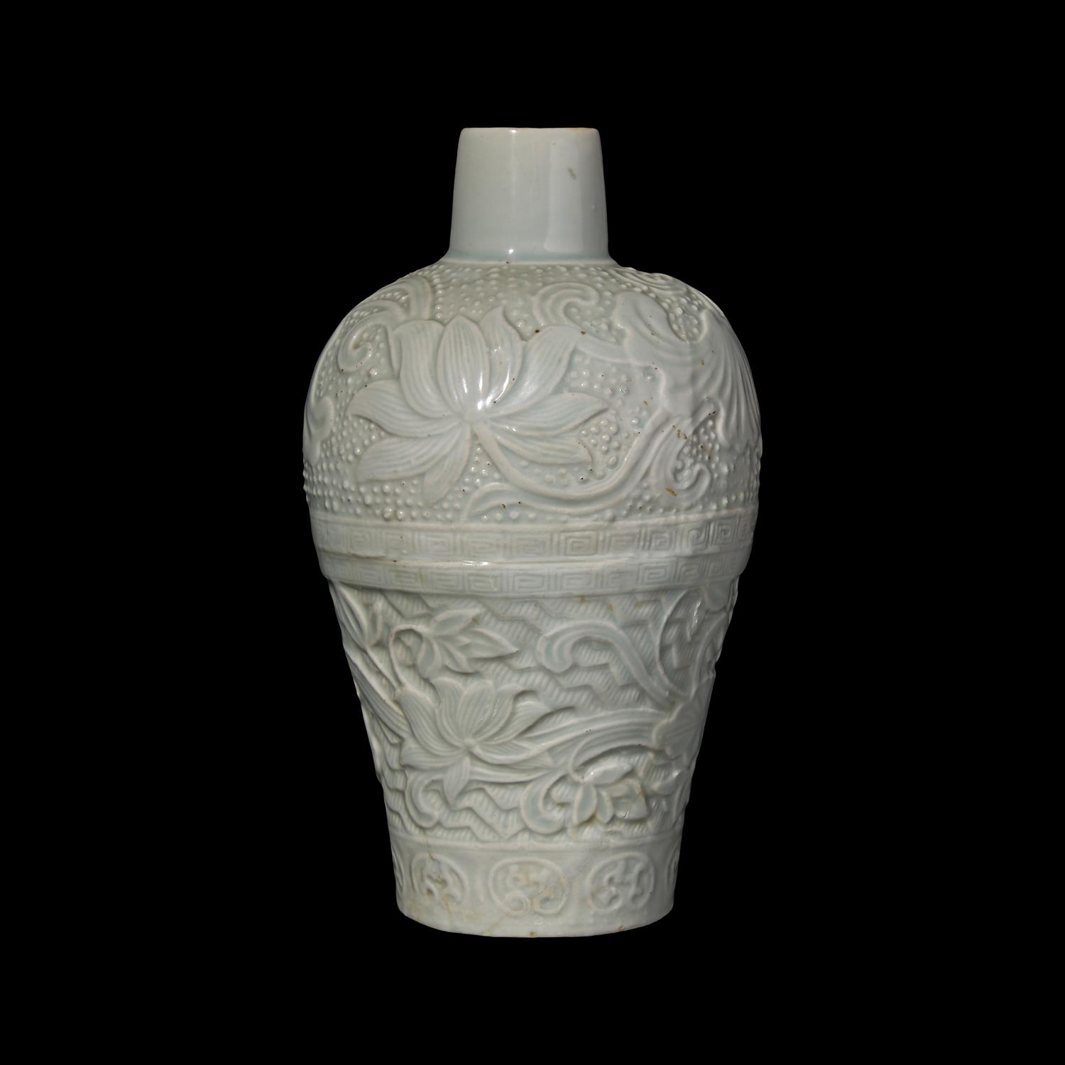 A Chinese Molded Qingbai Style Vase, Meiping 青白釉刻蓮紋梅瓶