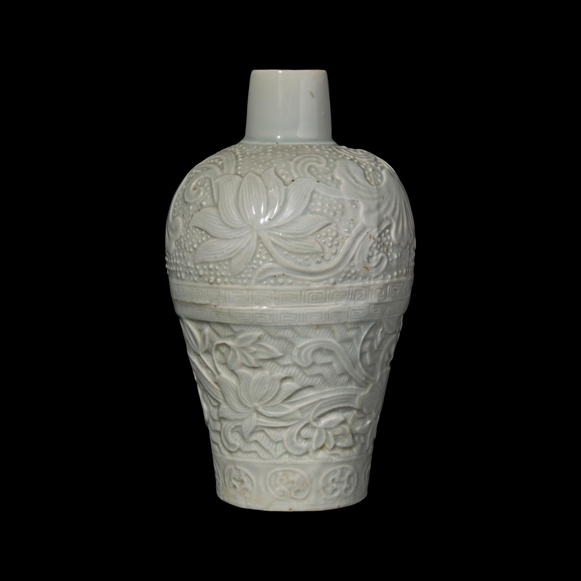 A Chinese Molded Qingbai Style Vase, Meiping 青白釉刻蓮紋梅瓶