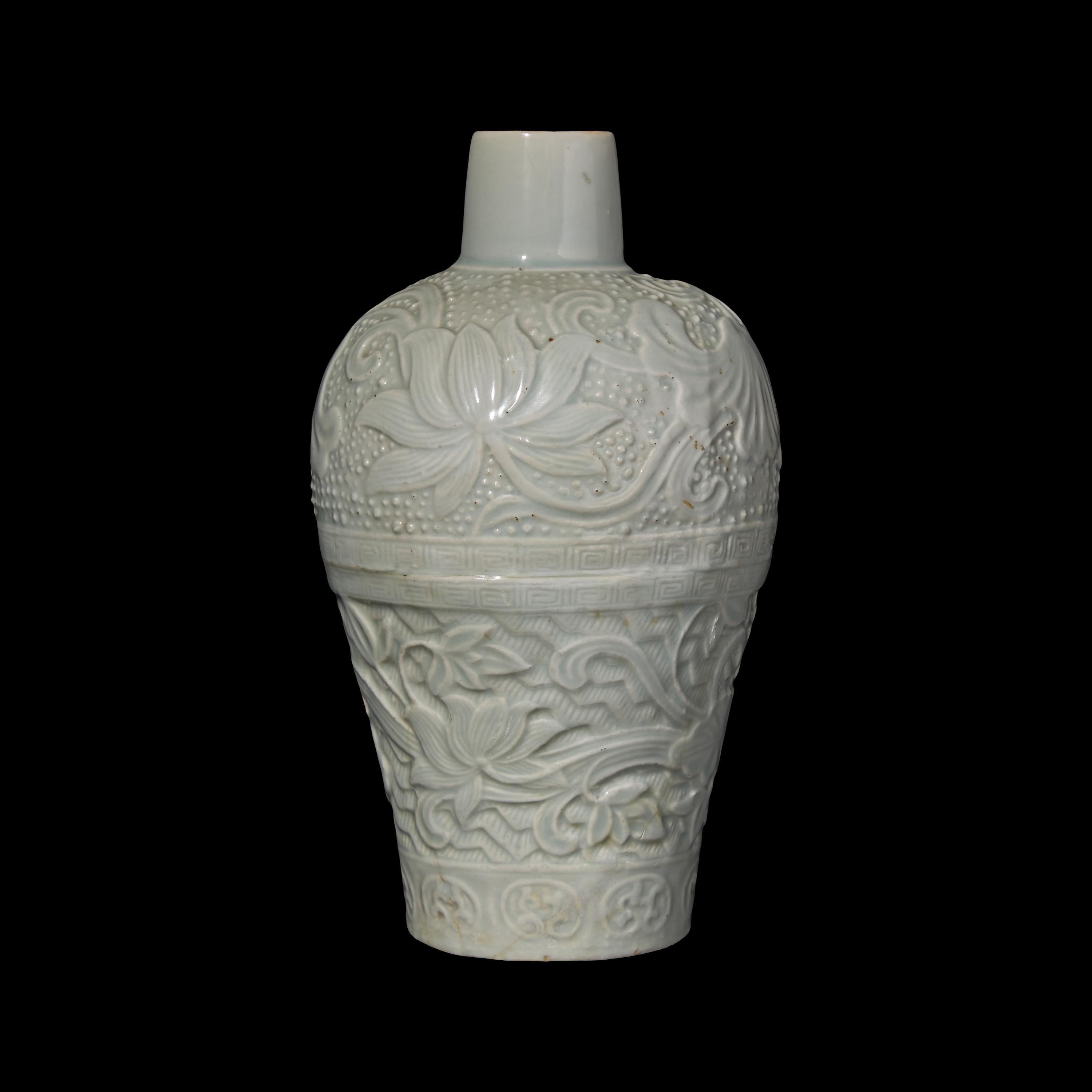 A Chinese Molded Qingbai Style Vase, Meiping 青白釉刻蓮紋梅瓶