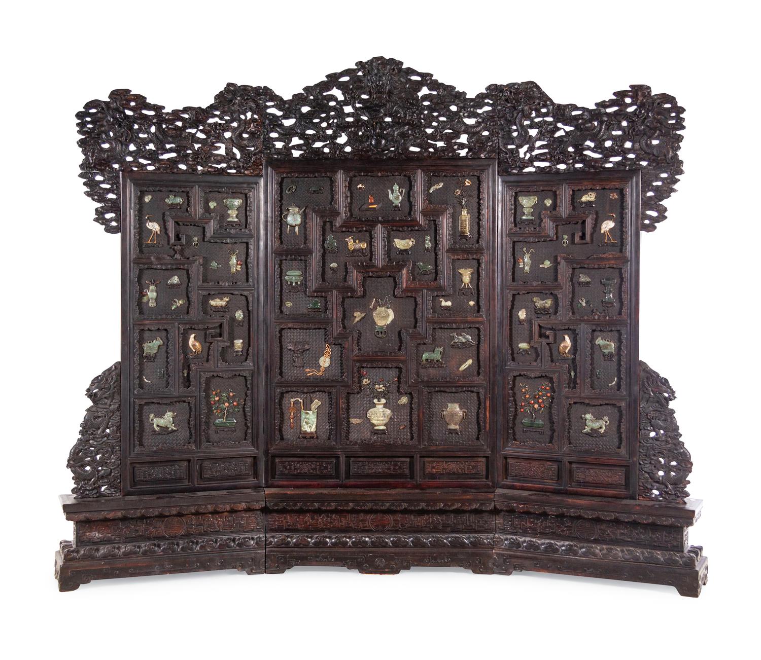A Large Chinese Export Hardstone Inset Carved Hardwood Screen