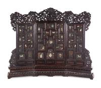 A Large Chinese Export Hardstone Inset Carved Hardwood Screen