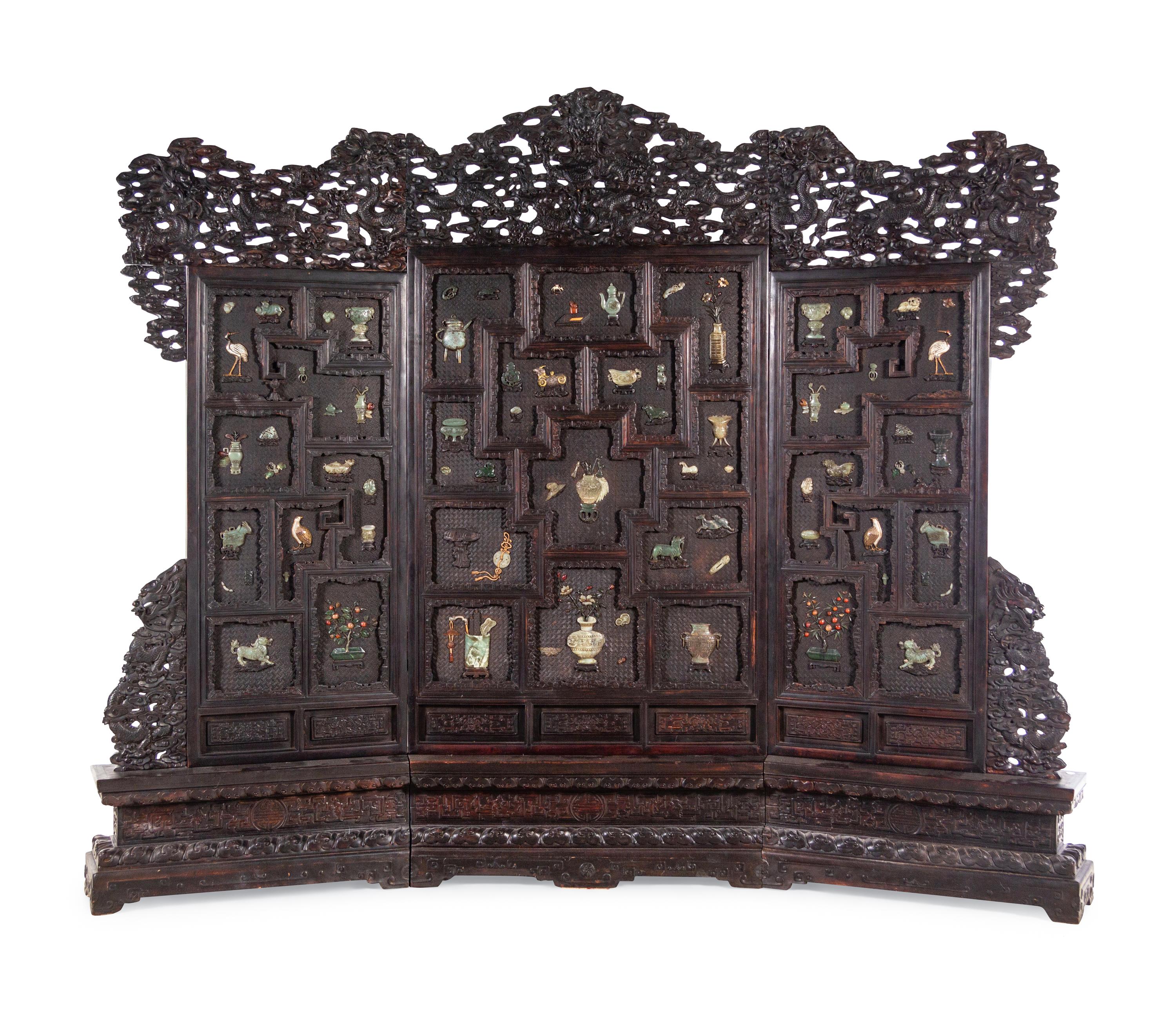 A Large Chinese Export Hardstone Inset Carved Hardwood Screen