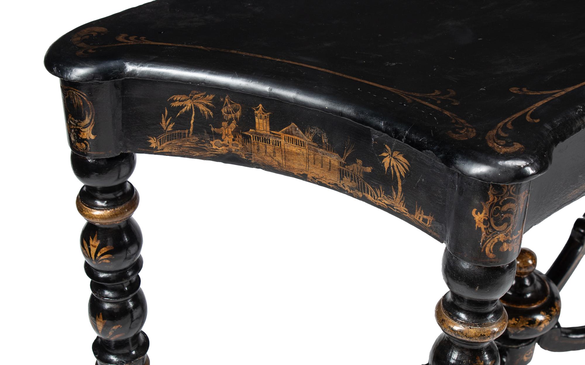 A Pair of English Black and Gilt-Japanned Console Tables