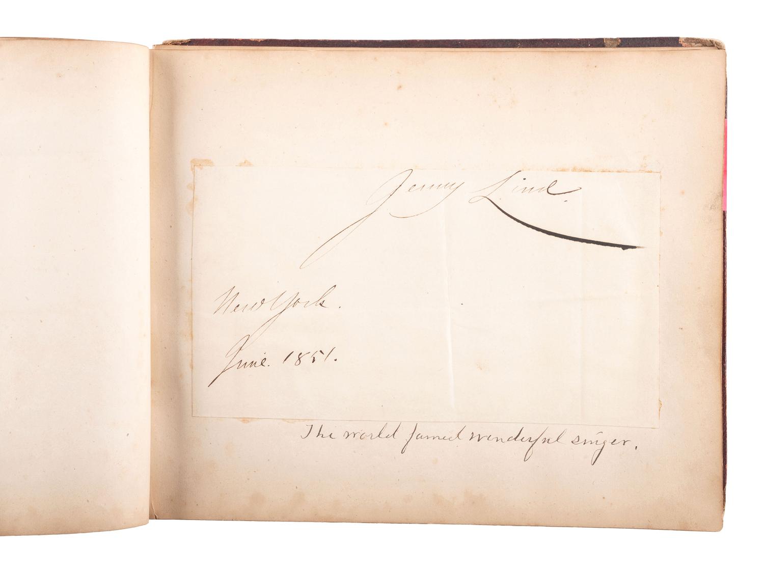 [CIVIL WAR]. Autograph book identified to Lucritia Taft Flagg, featuring signatures of assorted 19th-century figures including D.L. MOODY, Lewis CASS, Charles SUMNER, William H. SEWARD, and others.