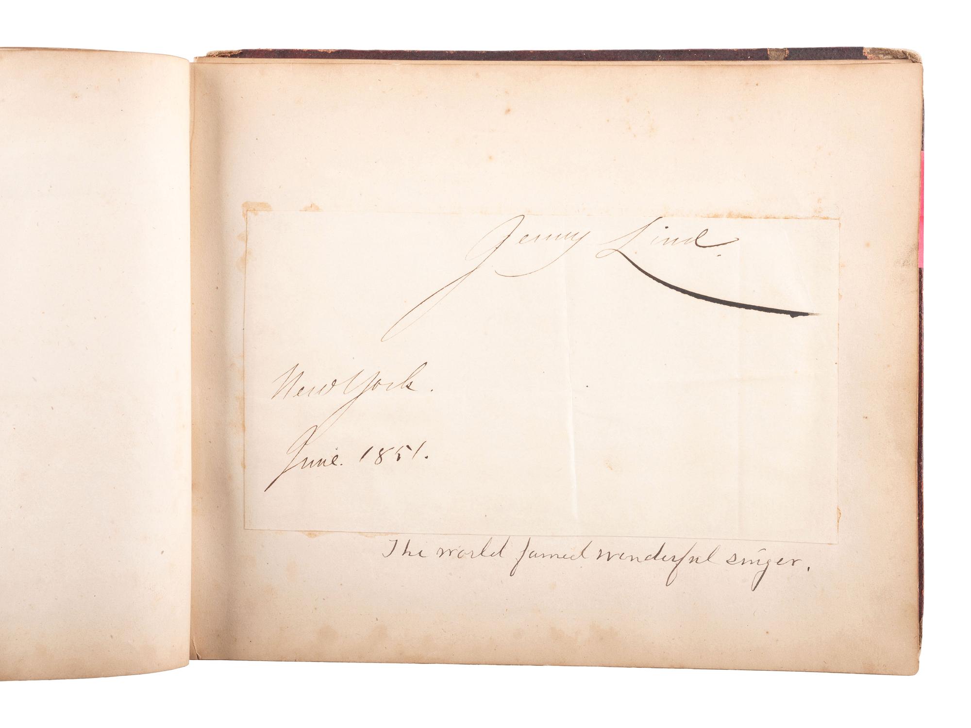 [CIVIL WAR]. Autograph book identified to Lucritia Taft Flagg, featuring signatures of assorted 19th-century figures including D.L. MOODY, Lewis CASS, Charles SUMNER, William H. SEWARD, and others.