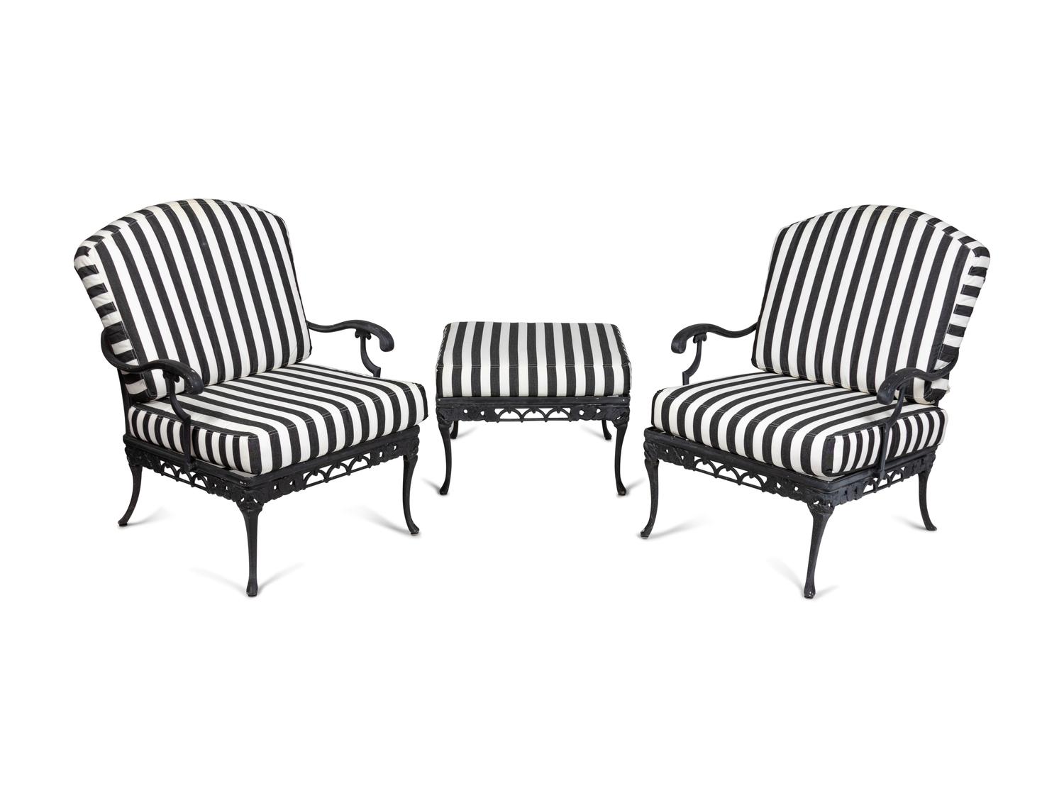 A Pair of Metal Garden Chairs and an Ottoman
