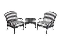 A Pair of Metal Garden Chairs and an Ottoman