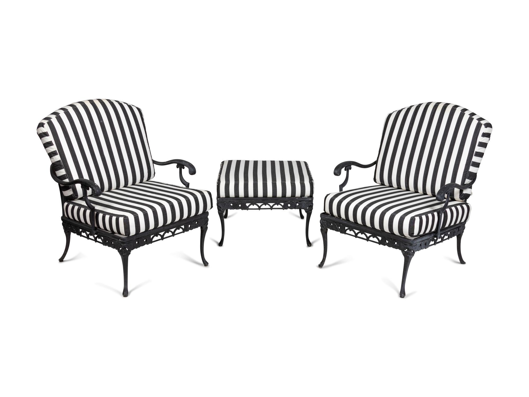 A Pair of Metal Garden Chairs and an Ottoman
