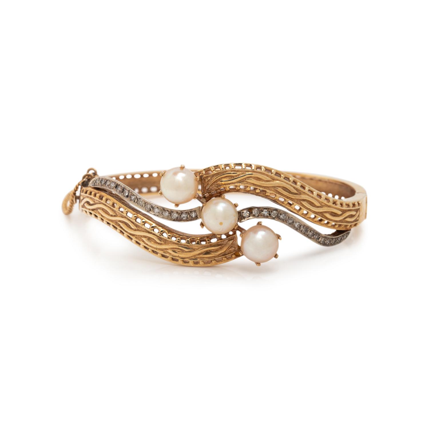 YELLOW GOLD, DIAMOND, AND CULTURED PEARL BANGLE BRACELET