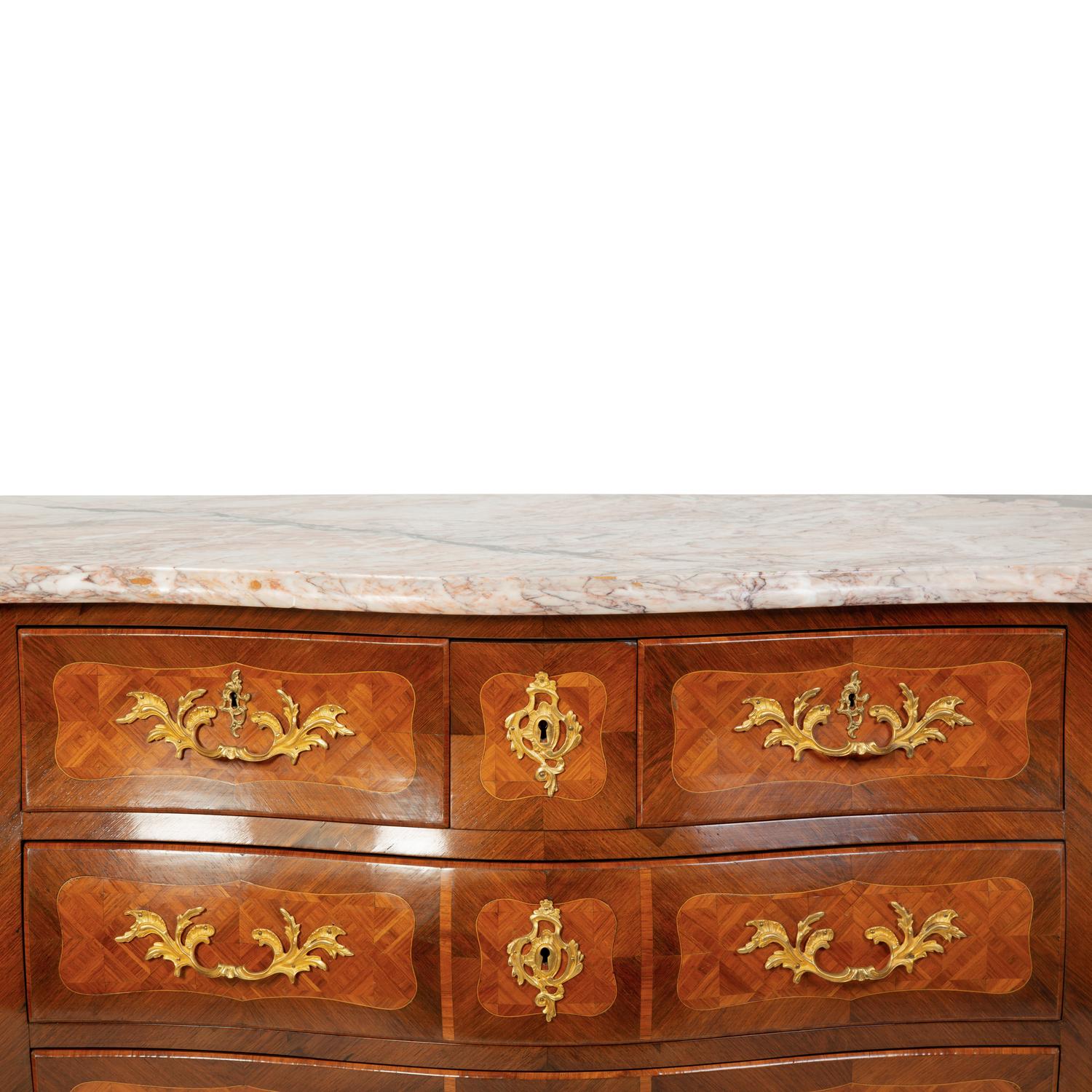 A Louis XV Style Kingwood Parquetry Marble Top Bombe Commode