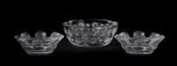 Three Lalique Molded and Frosted Glass Ash Receivers, Diameter of largest 5 1/2 inches.
