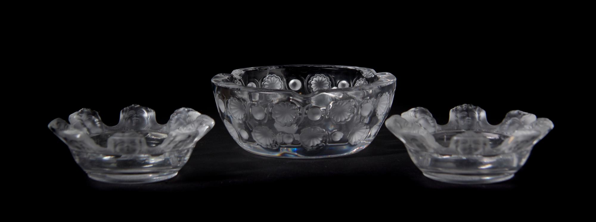 Three Lalique Molded and Frosted Glass Ash Receivers, Diameter of largest 5 1/2 inches.
