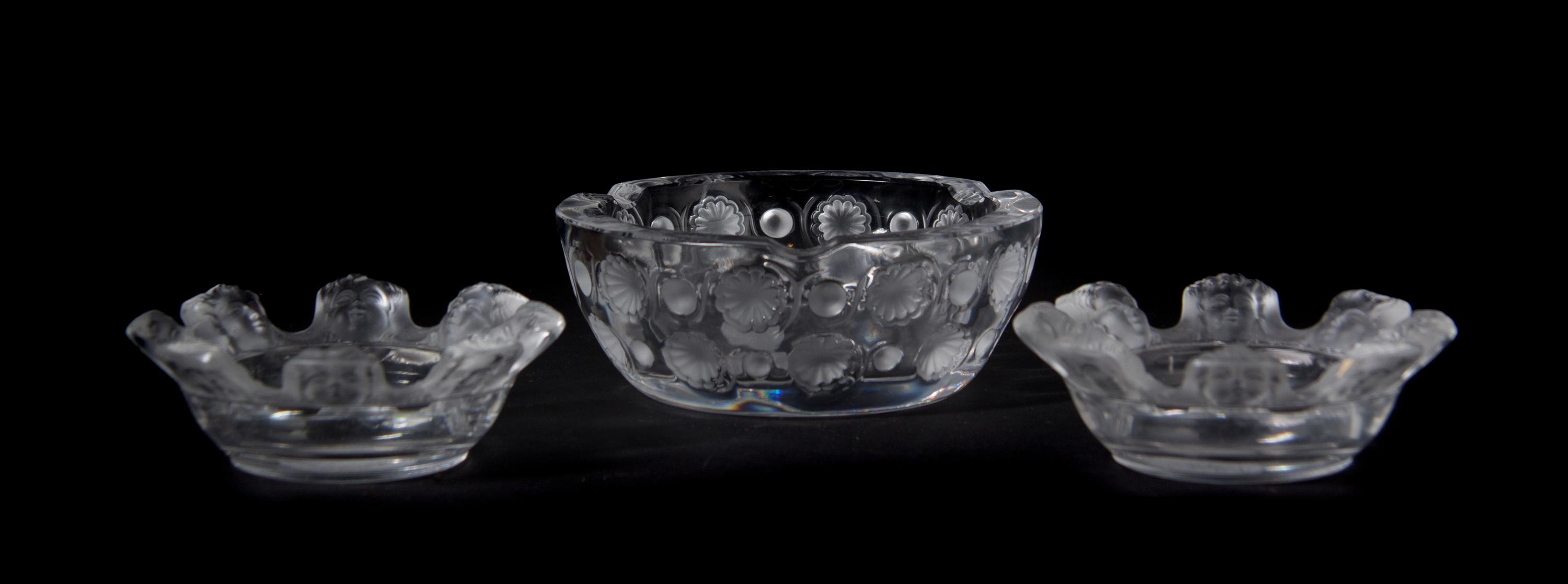 Three Lalique Molded and Frosted Glass Ash Receivers, Diameter of largest 5 1/2 inches.