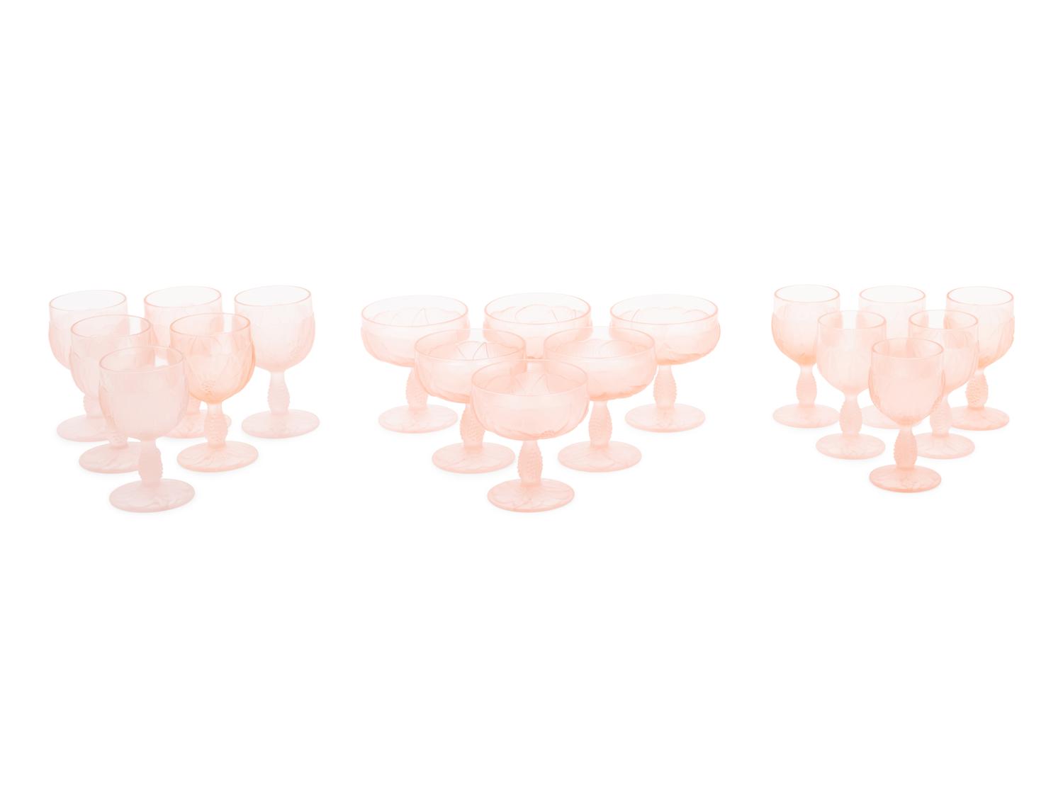 A Set of Pink Molded and Frosted Glass Stemware Articles