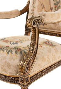 A Pair of Louis XVI Style Tapestry-Upholstered Giltwood Bergères