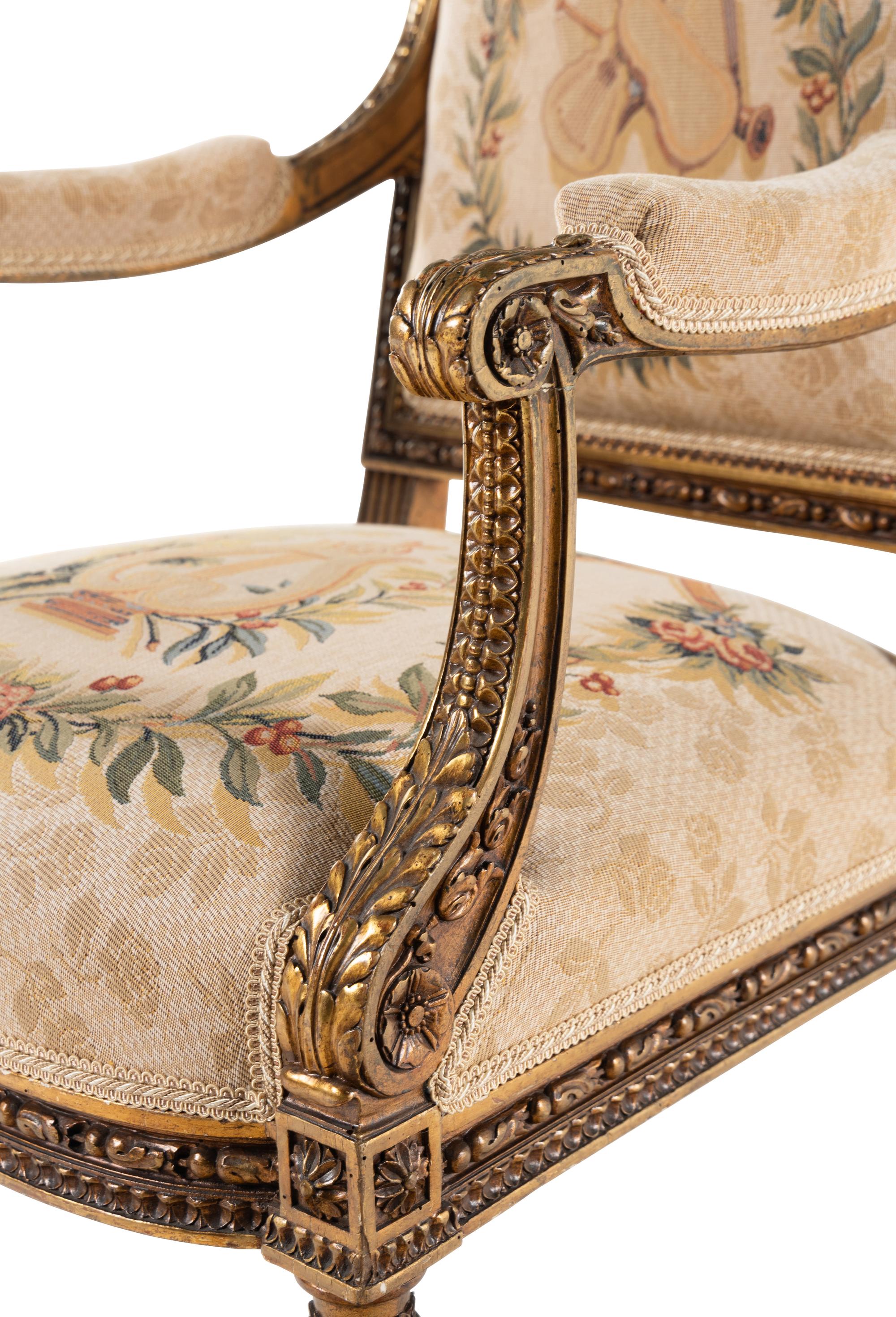 A Pair of Louis XVI Style Tapestry-Upholstered Giltwood Bergères