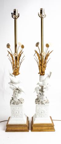 A Pair of Continental Blanc de Chine Lamps Height of porcelain 14 1/4 inches. — 20TH CENTURY